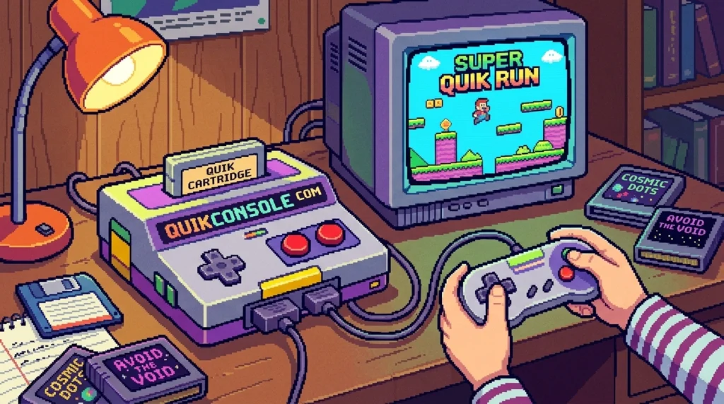 An 8-bit style retro gaming setup with a Quikconsole Com gaming console, an old-fashioned television showing the game 'Super Quik Run,' and video game cartridges for 'Cosmic Dots' and 'Avoid The Void.' A person is playing with a game controller.