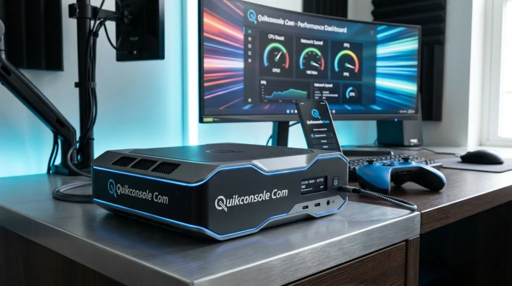 A modern gaming setup featuring a Quikconsole Com gaming console on a wooden desk, with a gaming monitor displaying performance data. A smartphone is also placed next to the console, and a gaming controller is visible on the desk.